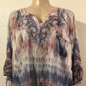 Love and let live K-hole neck Women Sz 1X Blouse 3/4 Sleeve Batik pattern